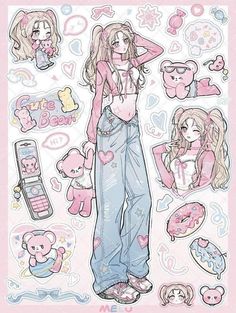 a drawing of a girl standing in front of some stickers and teddy bears on the wall