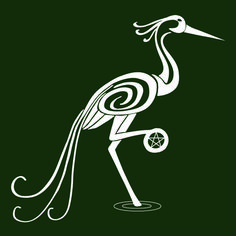 a white bird standing on top of a green background with swirls and stars in it's beak