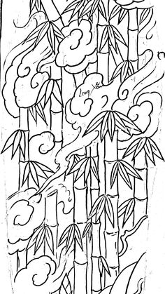 a black and white drawing of bamboo trees