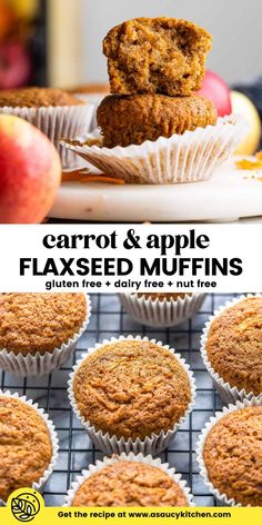 carrot and apple flaxed muffins are stacked on top of each other