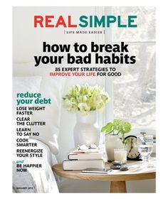 a magazine cover with a bed and table in front of the window, which reads real simple how to break your bad habitts