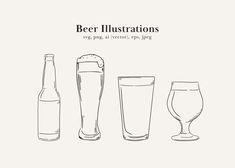 three different types of beer are shown in black and white, with the words beer illustrations above them