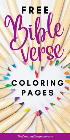 colored pencils with the words free bible verse coloring pages on it in pink and purple