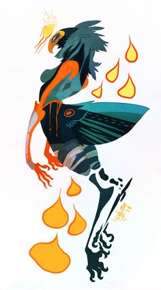 a drawing of a bird with orange and blue colors on it's back legs