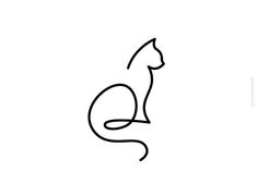 a black and white drawing of a cat sitting on the ground with its tail curled up