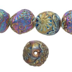 four different colored beads with designs on them and one bead in the same color