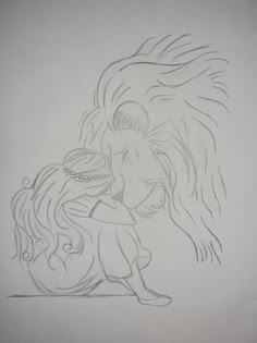 a pencil drawing of a woman with long hair hugging her head in front of a mirror