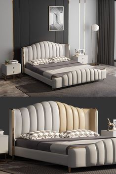 two pictures of a bed with white and beige furniture in the same room, one is empty