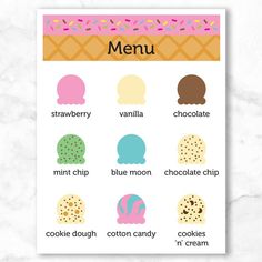 an ice cream menu with different types of ice creams and toppings on it