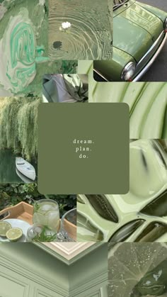 a collage of green and white photos with the words dream land written in it