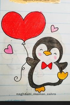 a drawing of a penguin holding a heart shaped balloon