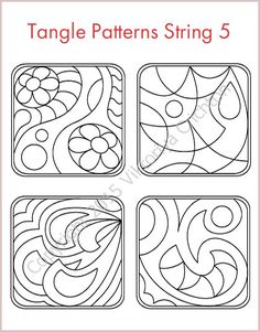 four square patterns with the words tangle patterns string 5 in each one, and three different shapes