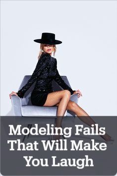 a woman sitting on top of a white couch wearing black stockings and a hat with the words modeling falls that will make you laugh