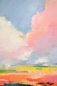 an abstract painting of pink, yellow and blue clouds in the sky over a green field