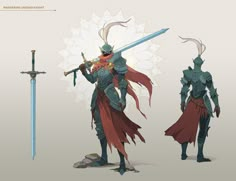 the concept art for an animated video game shows two men with swords and armor, one holding