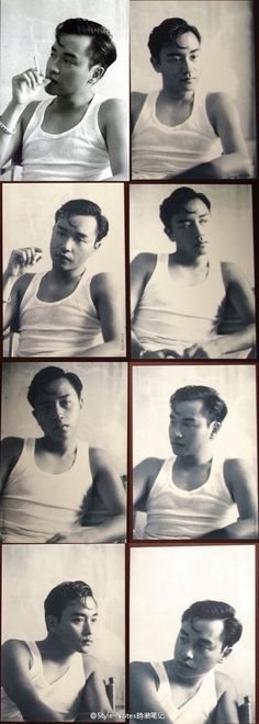 multiple black and white photos of men in tank tops