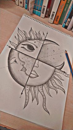 a pencil drawing of the sun and moon with different angles to it's face