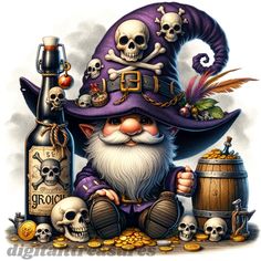 a painting of a wizard with skulls around him and a bottle of booze next to it