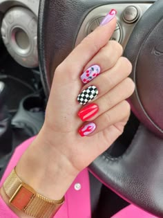 Red And Lilac Nails, Lilac And Red Nails, Pink And Red Flame Nails, Pink Red Nail Art, Red Flame Nails, Cute Cherry Nails, Pink And Red Nail Designs, Easter Nail Ideas Spring, Pink Red Nails