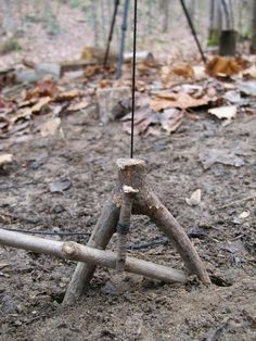 a small wooden object with two sticks sticking out of it's sides in the woods