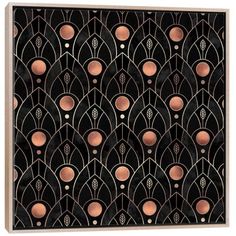 an art deco wall hanging on the side of a wooden panel with black and pink designs