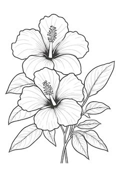 two large flowers with leaves are shown in this black and white drawing, which is very detailed