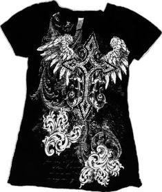 Skull Shirt Design, Y2k Emo Clothes, Shirt Designs Y2k, Black Y2k Shirt, Y2k Shirt Design, Affliction Clothing Women, Affliction Clothing, Women 90s, Emo Girl