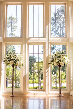 two tall vases filled with white flowers on top of a hard wood floor next to windows