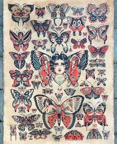 a painting with lots of different butterflies on it's face and wings, all in red