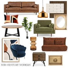 a collage of furniture and decor items with the words mid century modern