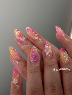 Flower Pink Nails, Italy Inspired Nails, Uñas Aesthetic, Beachy Nails, Tropical Nails, Cute Simple Nails, Summery Nails