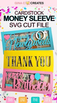 a bunch of cut outs that say thank you and have money on them with confetti sprinkles