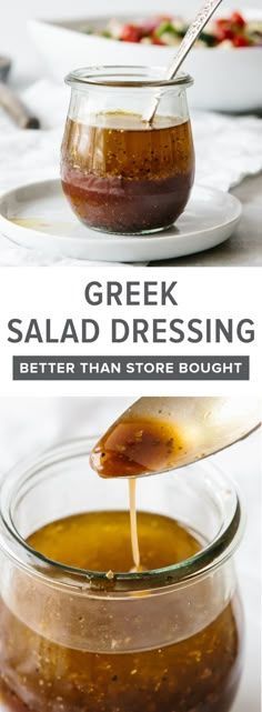 two pictures showing different types of sauces in glass jars with spoons on them