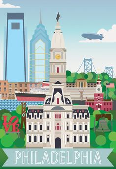 the philadelphia skyline is depicted in this colorful poster