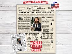 an image of a newspaper with the words happy work anniversary written on it and a photo of