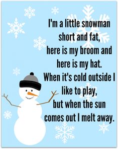 Snowman Song, Snowman Songs, Preschool Poems, Winter Poems, Circle Time Songs, Kindergarten Songs, Classroom Songs, Songs For Toddlers, Winter Songs