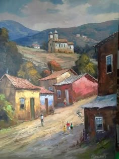 an oil painting of people walking down a dirt road in front of houses and hills