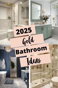 the bathroom is decorated in gold and blue with text overlay that reads, 205 gold bathroom ideas