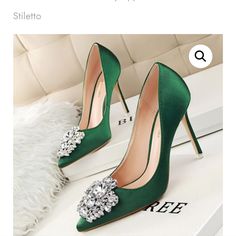 Sexy Upper Rhinestone Decor Stiletto High Heels 3 1/2 Pointed Toe Satin Green: 7,7.5,8.5 Red: 6,7,7.5,8.5,9 Wedding Shoes High Heels, Hak Tinggi, Rhinestone Pumps, Casual Pumps, Basic Heels, Bridal Wedding Shoes, Wedding Shoes Heels, Stiletto Shoes, Wedding Heels