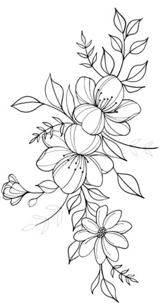 a black and white drawing of flowers with leaves on the stems, one flower has been drawn