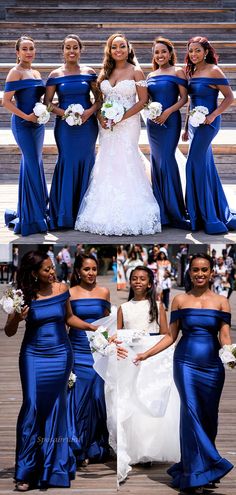 bridesmaids in royal blue dresses posing for pictures