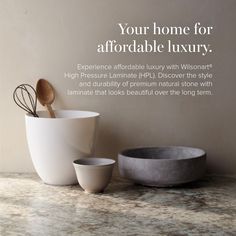 an ad for the luxury furniture brand is shown in this advertisement, featuring bowls and spoons