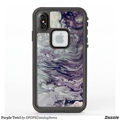 an iphone case with a purple and black marble pattern on it, sitting in front of a white background