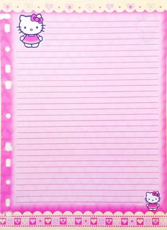 a hello kitty lined paper with pink trimmings and an image of a cat on it