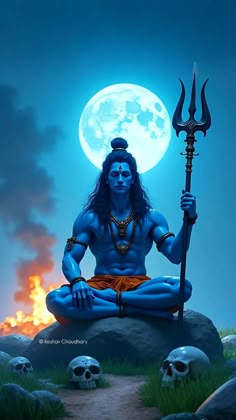 the god sitting on top of a rock in front of a full moon