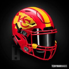 the kansas chiefs football helmet is shown in red and yellow, with an orange stripe on it