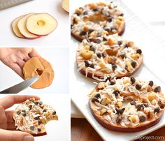 the process of making an apple pie with chocolate chips, nuts and cheese on it