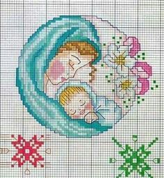 a cross stitch pattern with a baby and flowers