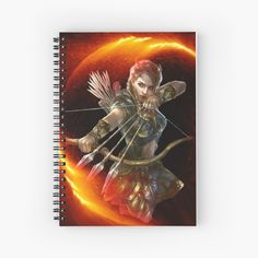 a woman with an arrow and bow in her hand, surrounded by fire art print