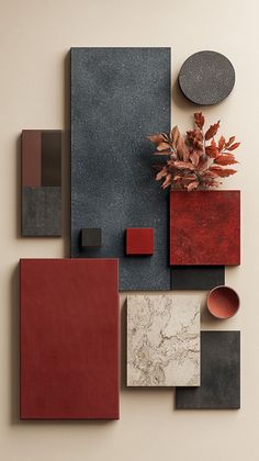 an arrangement of different shapes and colors on the wall